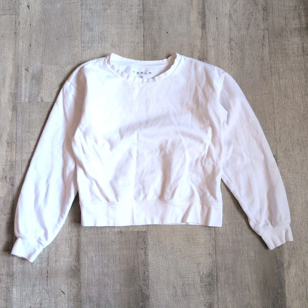 Womens Tesla Official Crewneck Sweatshirt Sz X-Small White Cropped Top